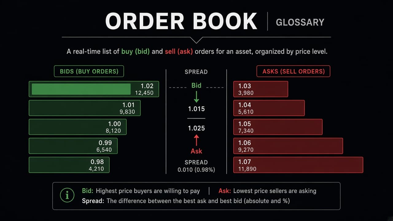Order book diagram with bids, asks, and the spread between them