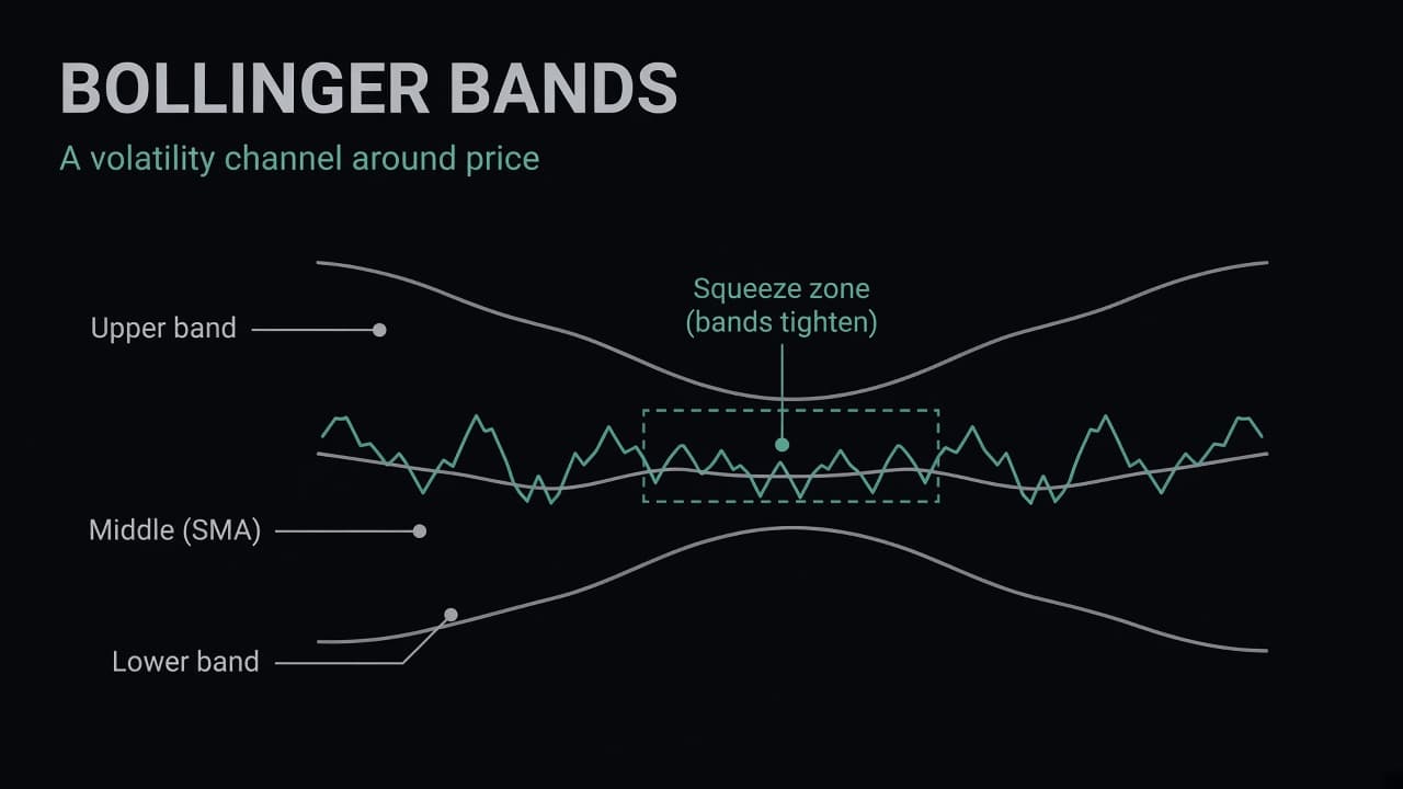 Bollinger Bands diagram with upper band, middle SMA, lower band, and a squeeze